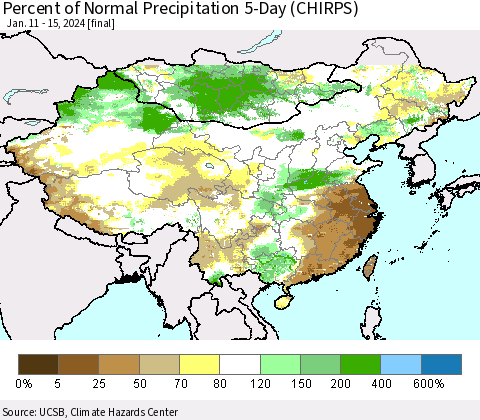China, Mongolia and Taiwan Percent of Normal Precipitation 5-Day (CHIRPS) Thematic Map For 1/11/2024 - 1/15/2024