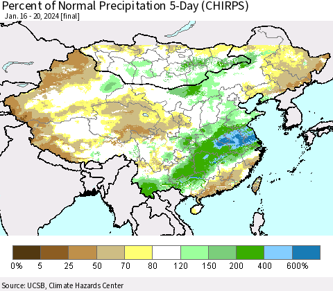 China, Mongolia and Taiwan Percent of Normal Precipitation 5-Day (CHIRPS) Thematic Map For 1/16/2024 - 1/20/2024