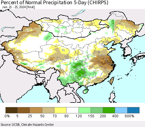 China, Mongolia and Taiwan Percent of Normal Precipitation 5-Day (CHIRPS) Thematic Map For 1/21/2024 - 1/25/2024