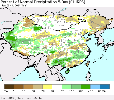 China, Mongolia and Taiwan Percent of Normal Precipitation 5-Day (CHIRPS) Thematic Map For 1/26/2024 - 1/31/2024