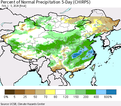 China, Mongolia and Taiwan Percent of Normal Precipitation 5-Day (CHIRPS) Thematic Map For 2/1/2024 - 2/5/2024