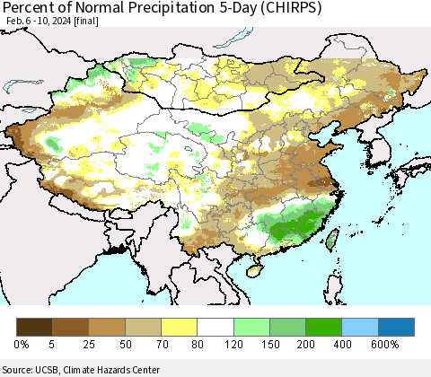 China, Mongolia and Taiwan Percent of Normal Precipitation 5-Day (CHIRPS) Thematic Map For 2/6/2024 - 2/10/2024