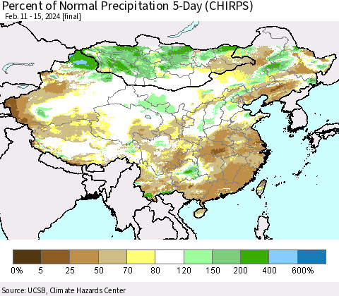 China, Mongolia and Taiwan Percent of Normal Precipitation 5-Day (CHIRPS) Thematic Map For 2/11/2024 - 2/15/2024
