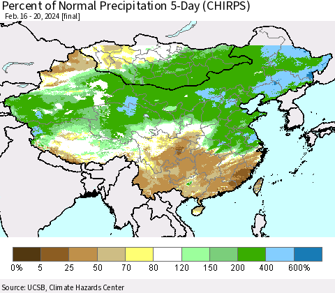 China, Mongolia and Taiwan Percent of Normal Precipitation 5-Day (CHIRPS) Thematic Map For 2/16/2024 - 2/20/2024
