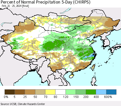China, Mongolia and Taiwan Percent of Normal Precipitation 5-Day (CHIRPS) Thematic Map For 2/21/2024 - 2/25/2024