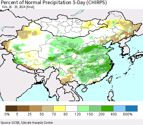 China, Mongolia and Taiwan Percent of Normal Precipitation 5-Day (CHIRPS) Thematic Map For 2/26/2024 - 2/29/2024