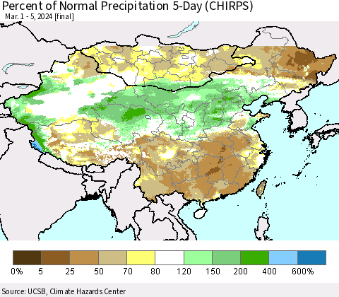 China, Mongolia and Taiwan Percent of Normal Precipitation 5-Day (CHIRPS) Thematic Map For 3/1/2024 - 3/5/2024