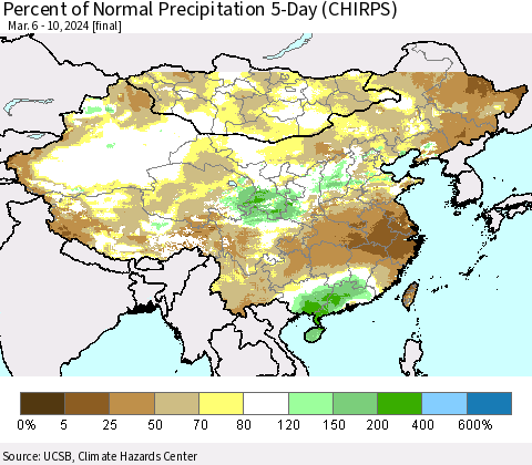 China, Mongolia and Taiwan Percent of Normal Precipitation 5-Day (CHIRPS) Thematic Map For 3/6/2024 - 3/10/2024