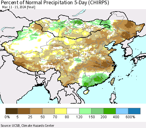 China, Mongolia and Taiwan Percent of Normal Precipitation 5-Day (CHIRPS) Thematic Map For 3/11/2024 - 3/15/2024