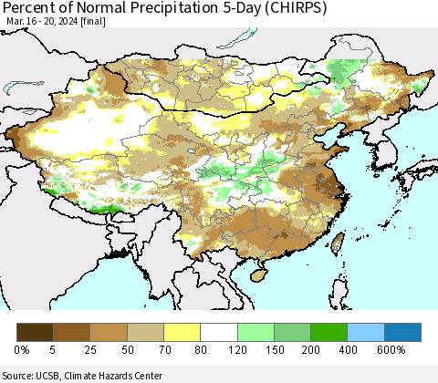 China, Mongolia and Taiwan Percent of Normal Precipitation 5-Day (CHIRPS) Thematic Map For 3/16/2024 - 3/20/2024