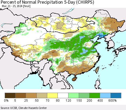 China, Mongolia and Taiwan Percent of Normal Precipitation 5-Day (CHIRPS) Thematic Map For 3/21/2024 - 3/25/2024