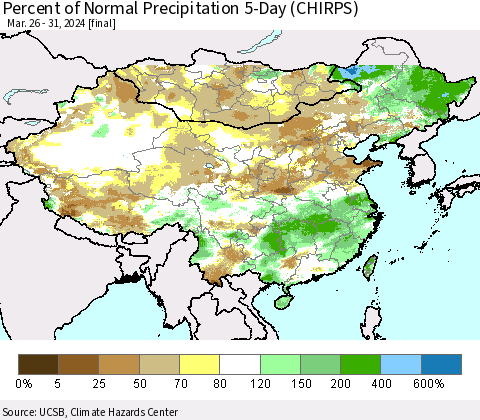 China, Mongolia and Taiwan Percent of Normal Precipitation 5-Day (CHIRPS) Thematic Map For 3/26/2024 - 3/31/2024