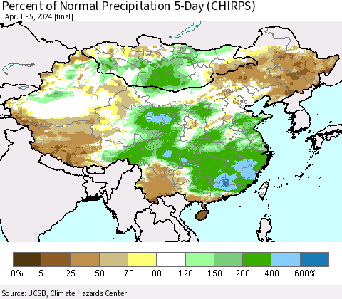China, Mongolia and Taiwan Percent of Normal Precipitation 5-Day (CHIRPS) Thematic Map For 4/1/2024 - 4/5/2024