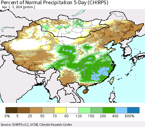 China, Mongolia and Taiwan Percent of Normal Precipitation 5-Day (CHIRPS) Thematic Map For 4/1/2024 - 4/5/2024