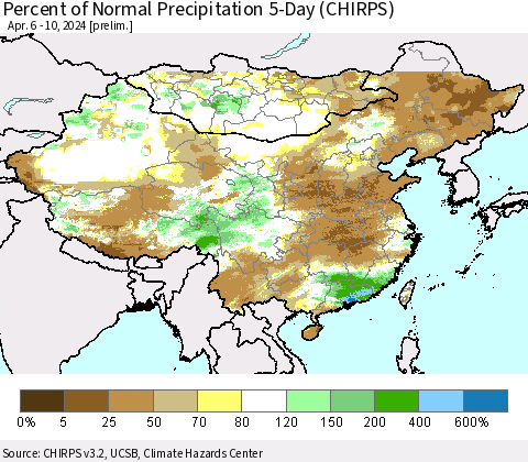 China, Mongolia and Taiwan Percent of Normal Precipitation 5-Day (CHIRPS) Thematic Map For 4/6/2024 - 4/10/2024