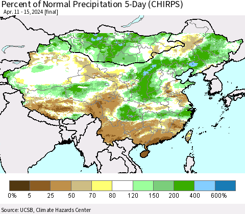 China, Mongolia and Taiwan Percent of Normal Precipitation 5-Day (CHIRPS) Thematic Map For 4/11/2024 - 4/15/2024