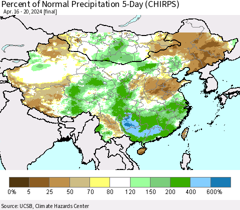 China, Mongolia and Taiwan Percent of Normal Precipitation 5-Day (CHIRPS) Thematic Map For 4/16/2024 - 4/20/2024