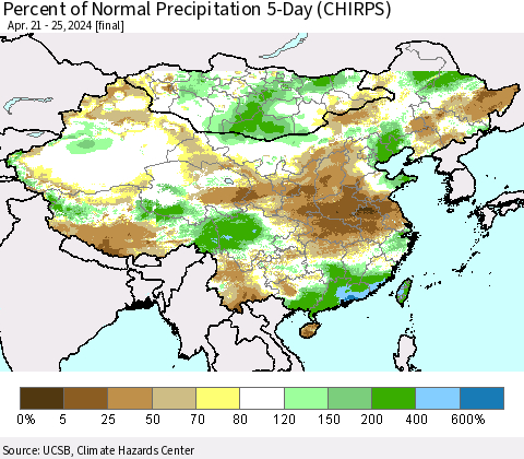 China, Mongolia and Taiwan Percent of Normal Precipitation 5-Day (CHIRPS) Thematic Map For 4/21/2024 - 4/25/2024