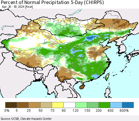China, Mongolia and Taiwan Percent of Normal Precipitation 5-Day (CHIRPS) Thematic Map For 4/26/2024 - 4/30/2024