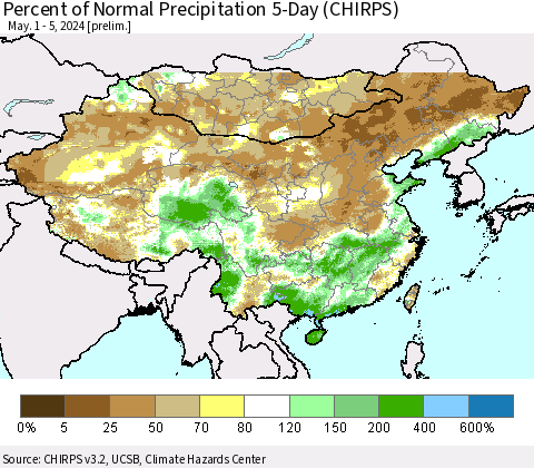 China, Mongolia and Taiwan Percent of Normal Precipitation 5-Day (CHIRPS) Thematic Map For 5/1/2024 - 5/5/2024
