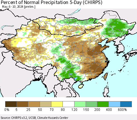 China, Mongolia and Taiwan Percent of Normal Precipitation 5-Day (CHIRPS) Thematic Map For 5/6/2024 - 5/10/2024