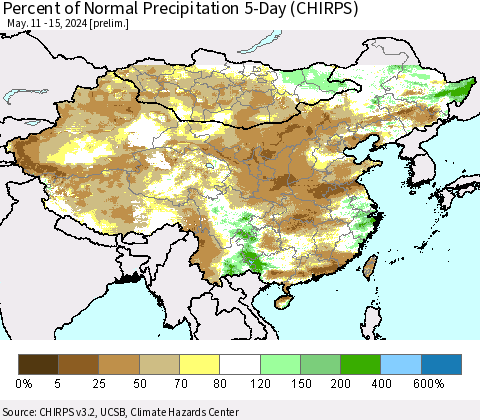 China, Mongolia and Taiwan Percent of Normal Precipitation 5-Day (CHIRPS) Thematic Map For 5/11/2024 - 5/15/2024