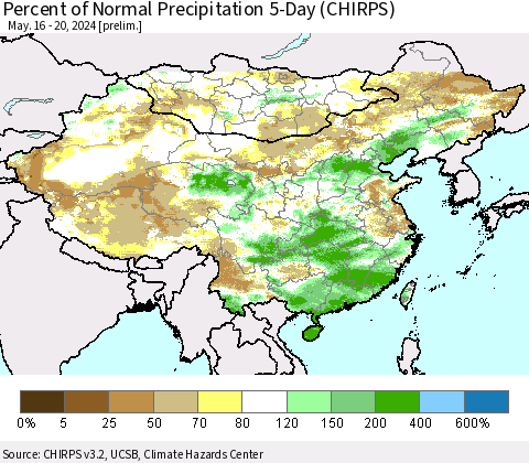 China, Mongolia and Taiwan Percent of Normal Precipitation 5-Day (CHIRPS) Thematic Map For 5/16/2024 - 5/20/2024