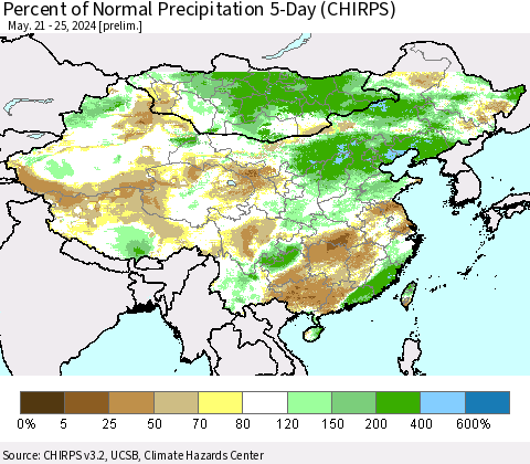 China, Mongolia and Taiwan Percent of Normal Precipitation 5-Day (CHIRPS) Thematic Map For 5/21/2024 - 5/25/2024