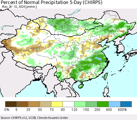 China, Mongolia and Taiwan Percent of Normal Precipitation 5-Day (CHIRPS) Thematic Map For 5/26/2024 - 5/31/2024