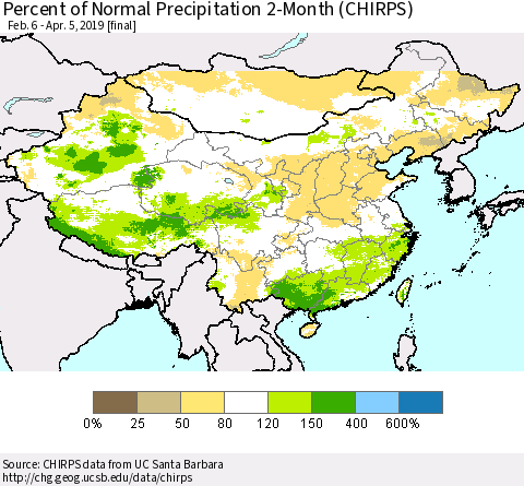 China and Taiwan Percent of Normal Precipitation 2-Month (CHIRPS) Thematic Map For 2/6/2019 - 4/5/2019