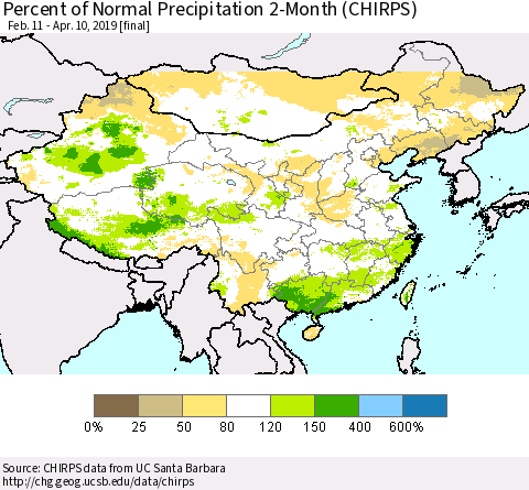 China, Mongolia and Taiwan Percent of Normal Precipitation 2-Month (CHIRPS) Thematic Map For 2/11/2019 - 4/10/2019