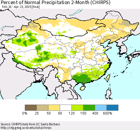 China and Taiwan Percent of Normal Precipitation 2-Month (CHIRPS) Thematic Map For 2/16/2019 - 4/15/2019