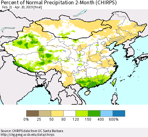 China and Taiwan Percent of Normal Precipitation 2-Month (CHIRPS) Thematic Map For 2/21/2019 - 4/20/2019