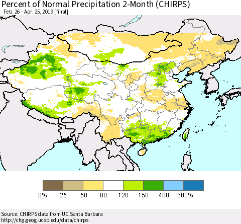 China and Taiwan Percent of Normal Precipitation 2-Month (CHIRPS) Thematic Map For 2/26/2019 - 4/25/2019
