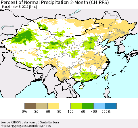China and Taiwan Percent of Normal Precipitation 2-Month (CHIRPS) Thematic Map For 3/6/2019 - 5/5/2019