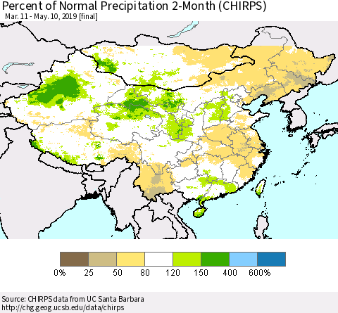 China and Taiwan Percent of Normal Precipitation 2-Month (CHIRPS) Thematic Map For 3/11/2019 - 5/10/2019