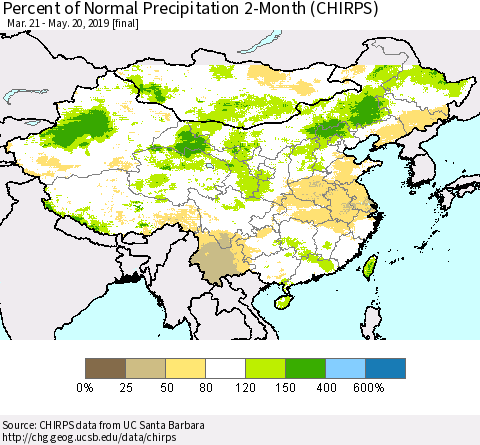 China, Mongolia and Taiwan Percent of Normal Precipitation 2-Month (CHIRPS) Thematic Map For 3/21/2019 - 5/20/2019