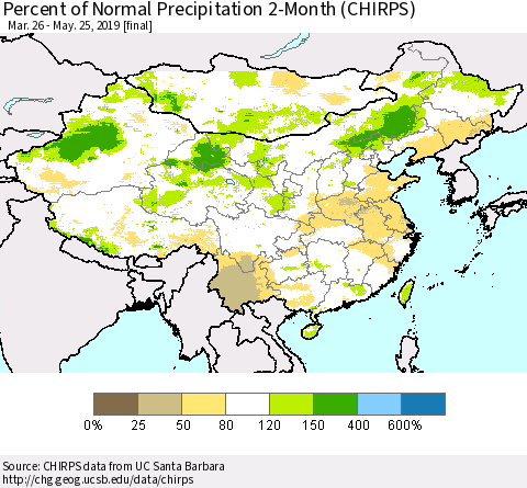 China, Mongolia and Taiwan Percent of Normal Precipitation 2-Month (CHIRPS) Thematic Map For 3/26/2019 - 5/25/2019