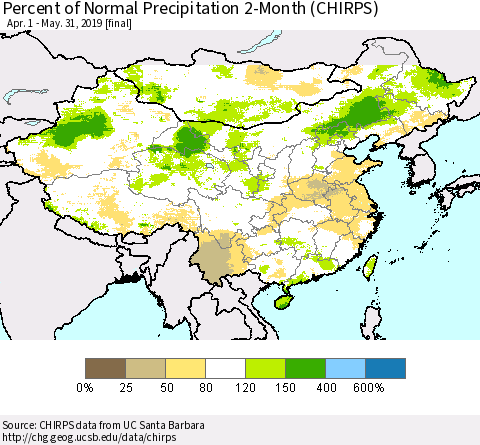 China and Taiwan Percent of Normal Precipitation 2-Month (CHIRPS) Thematic Map For 4/1/2019 - 5/31/2019