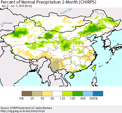 China and Taiwan Percent of Normal Precipitation 2-Month (CHIRPS) Thematic Map For 4/6/2019 - 6/5/2019