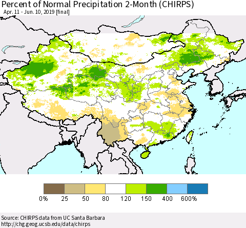China, Mongolia and Taiwan Percent of Normal Precipitation 2-Month (CHIRPS) Thematic Map For 4/11/2019 - 6/10/2019