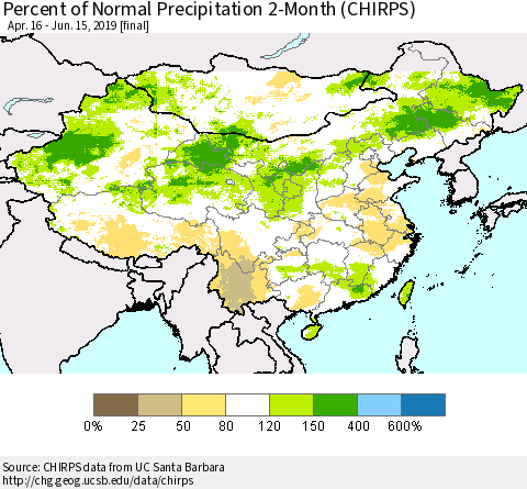 China, Mongolia and Taiwan Percent of Normal Precipitation 2-Month (CHIRPS) Thematic Map For 4/16/2019 - 6/15/2019