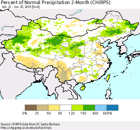 China, Mongolia and Taiwan Percent of Normal Precipitation 2-Month (CHIRPS) Thematic Map For 4/21/2019 - 6/20/2019