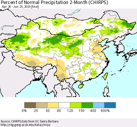 China and Taiwan Percent of Normal Precipitation 2-Month (CHIRPS) Thematic Map For 4/26/2019 - 6/25/2019