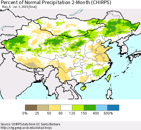China and Taiwan Percent of Normal Precipitation 2-Month (CHIRPS) Thematic Map For 5/6/2019 - 7/5/2019