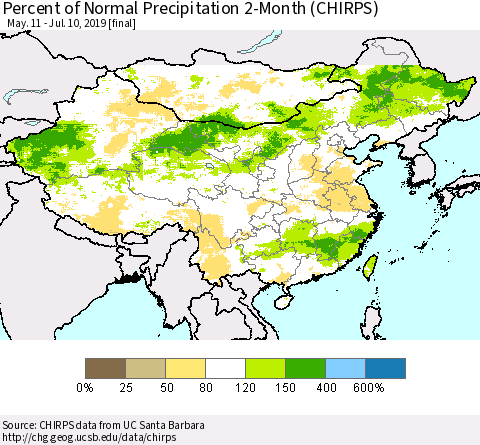 China and Taiwan Percent of Normal Precipitation 2-Month (CHIRPS) Thematic Map For 5/11/2019 - 7/10/2019