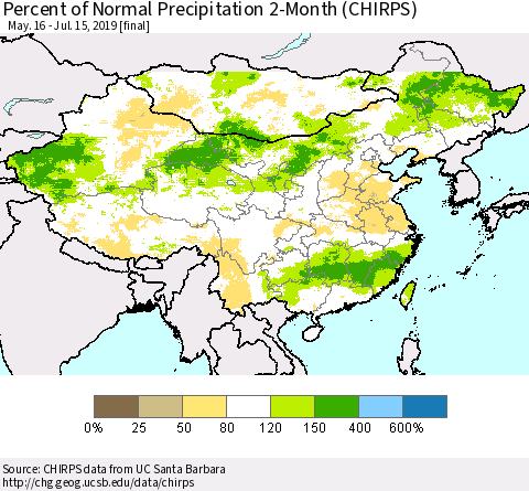China, Mongolia and Taiwan Percent of Normal Precipitation 2-Month (CHIRPS) Thematic Map For 5/16/2019 - 7/15/2019