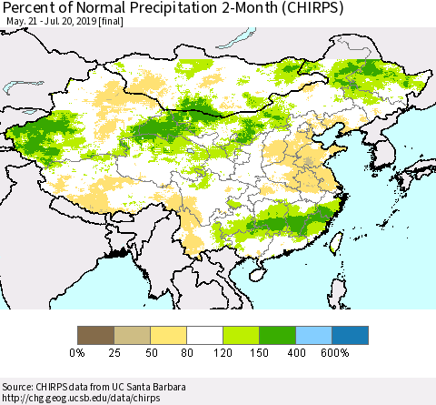 China and Taiwan Percent of Normal Precipitation 2-Month (CHIRPS) Thematic Map For 5/21/2019 - 7/20/2019