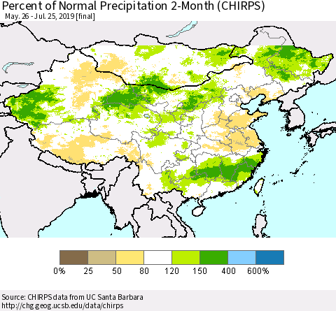 China and Taiwan Percent of Normal Precipitation 2-Month (CHIRPS) Thematic Map For 5/26/2019 - 7/25/2019