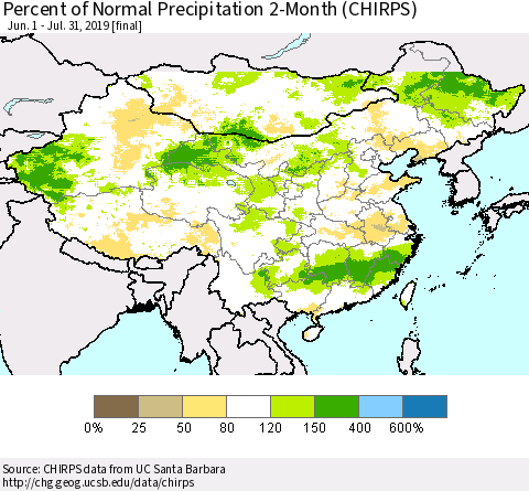 China, Mongolia and Taiwan Percent of Normal Precipitation 2-Month (CHIRPS) Thematic Map For 6/1/2019 - 7/31/2019